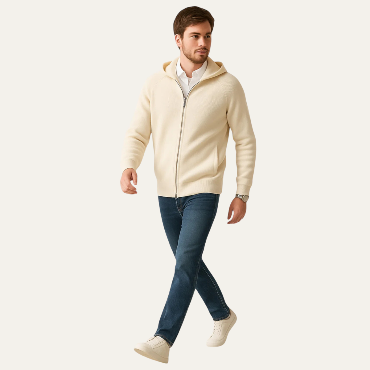 Sage | Men's Zip Up Hoodie Cream Ribbed Knit