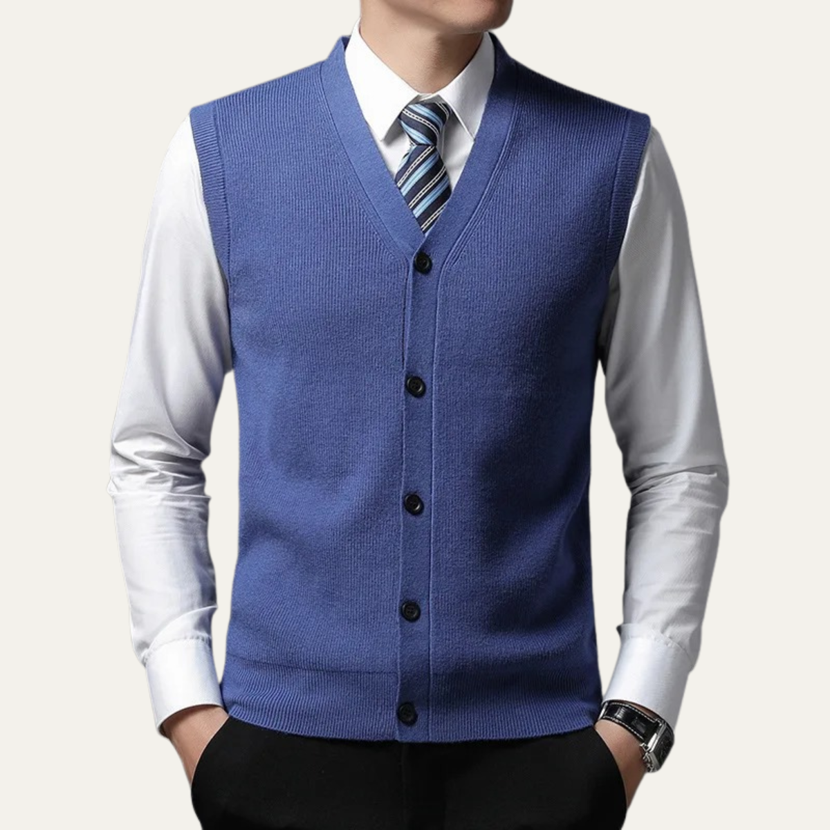 Dama Washington Beau men's sweater vest blue button up v neck - front view