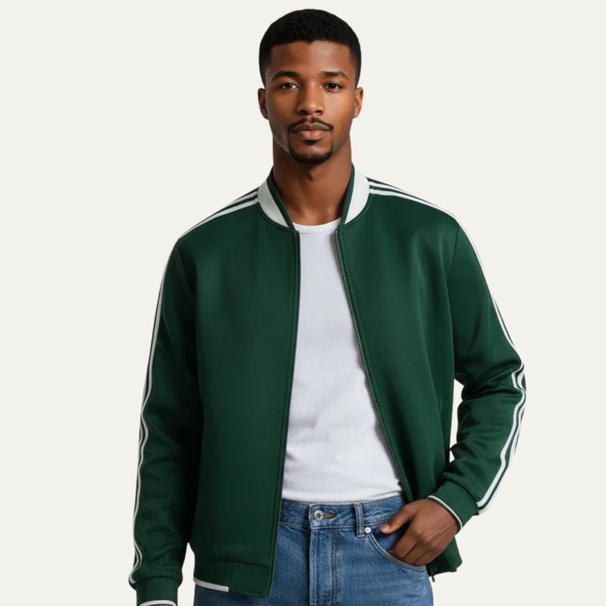 Rhys | Men's Lightweight Track Jacket Green White Striped Sleeves