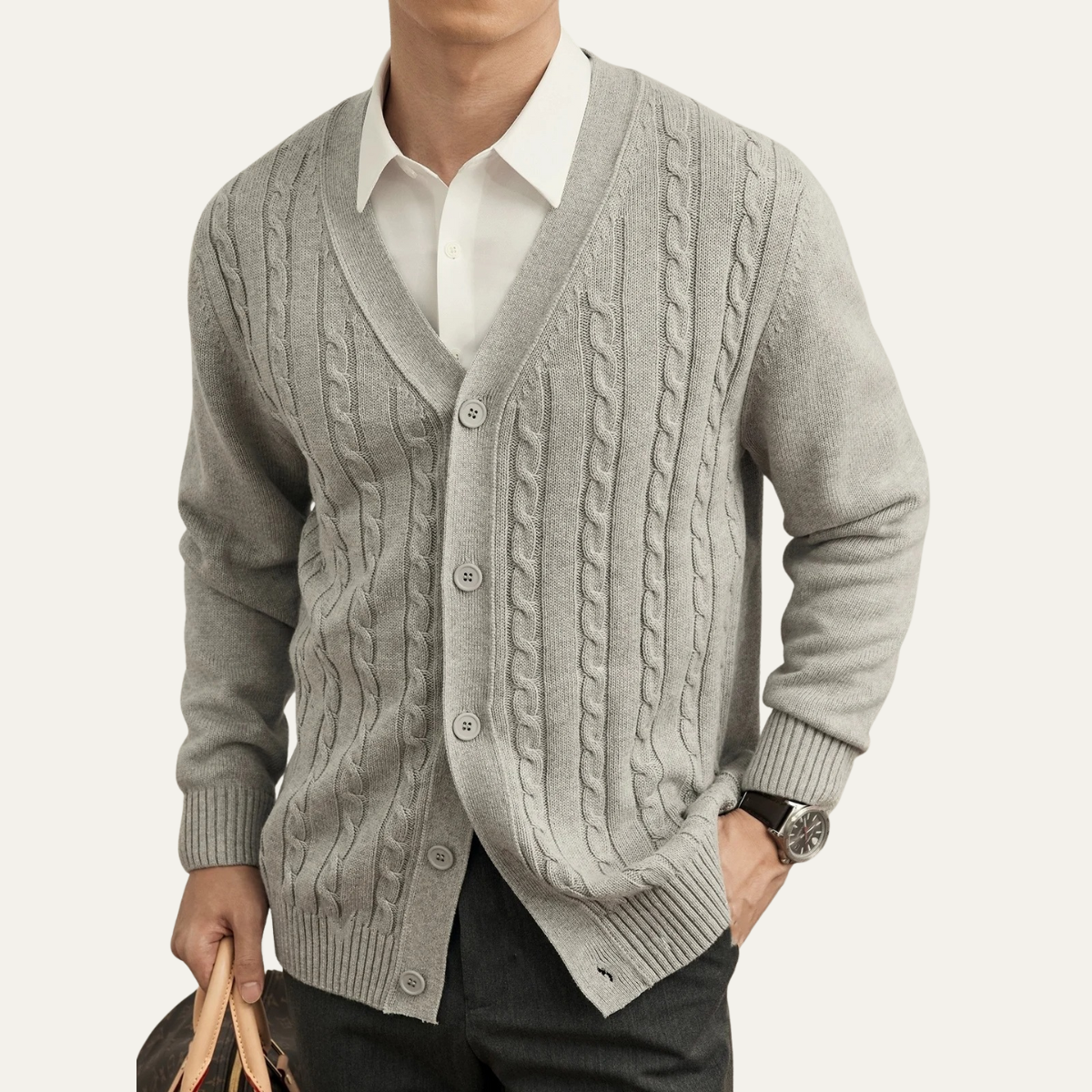 Axel | Men's Cable Knit Cardigan Cream V Neck Button Up