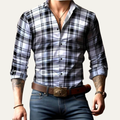 Dama Washington Beau men's plaid button up shirt navy white black - front view