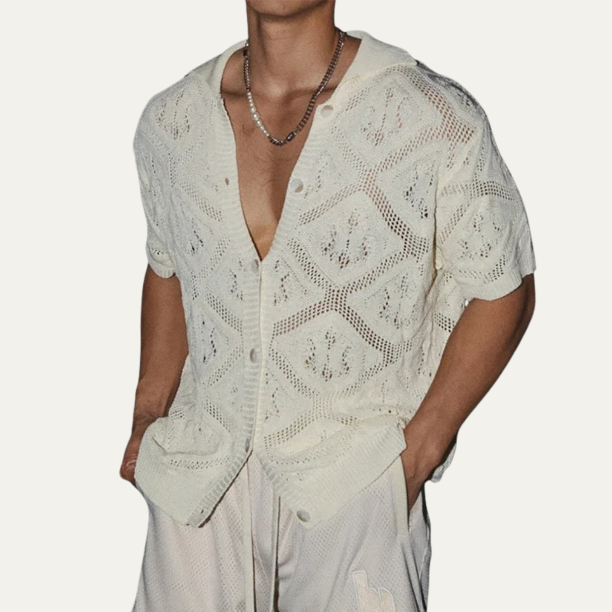 Blake | Men's Casual Knit Button Up Shirt Cream