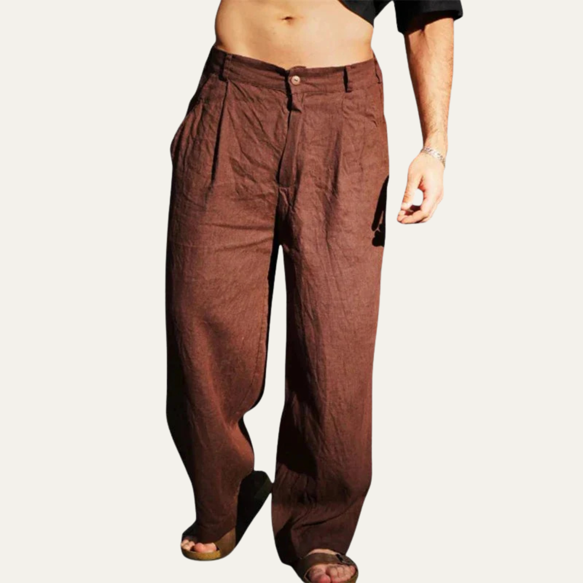 Ash | Men's Linen Pants Brown Relaxed Fit Wide Leg