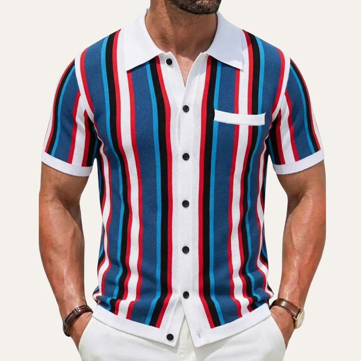 Jude | Men's Striped Button Up Shirt Navy Red White