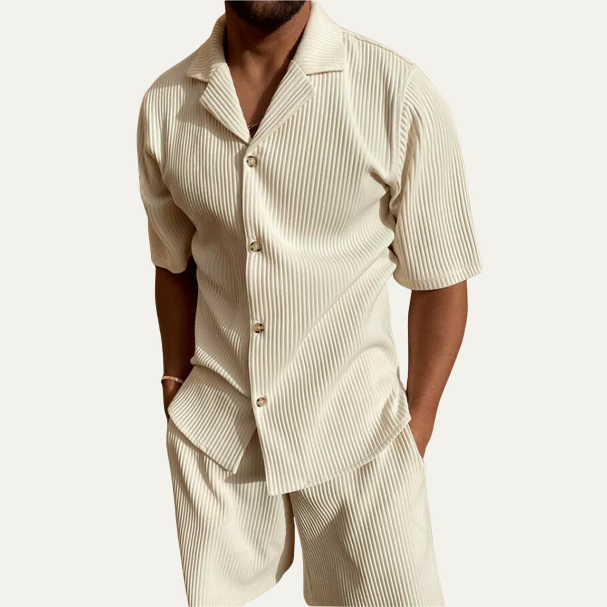 Dama Washington Callum men's sweatsuit cream ribbed short sleeve - front view