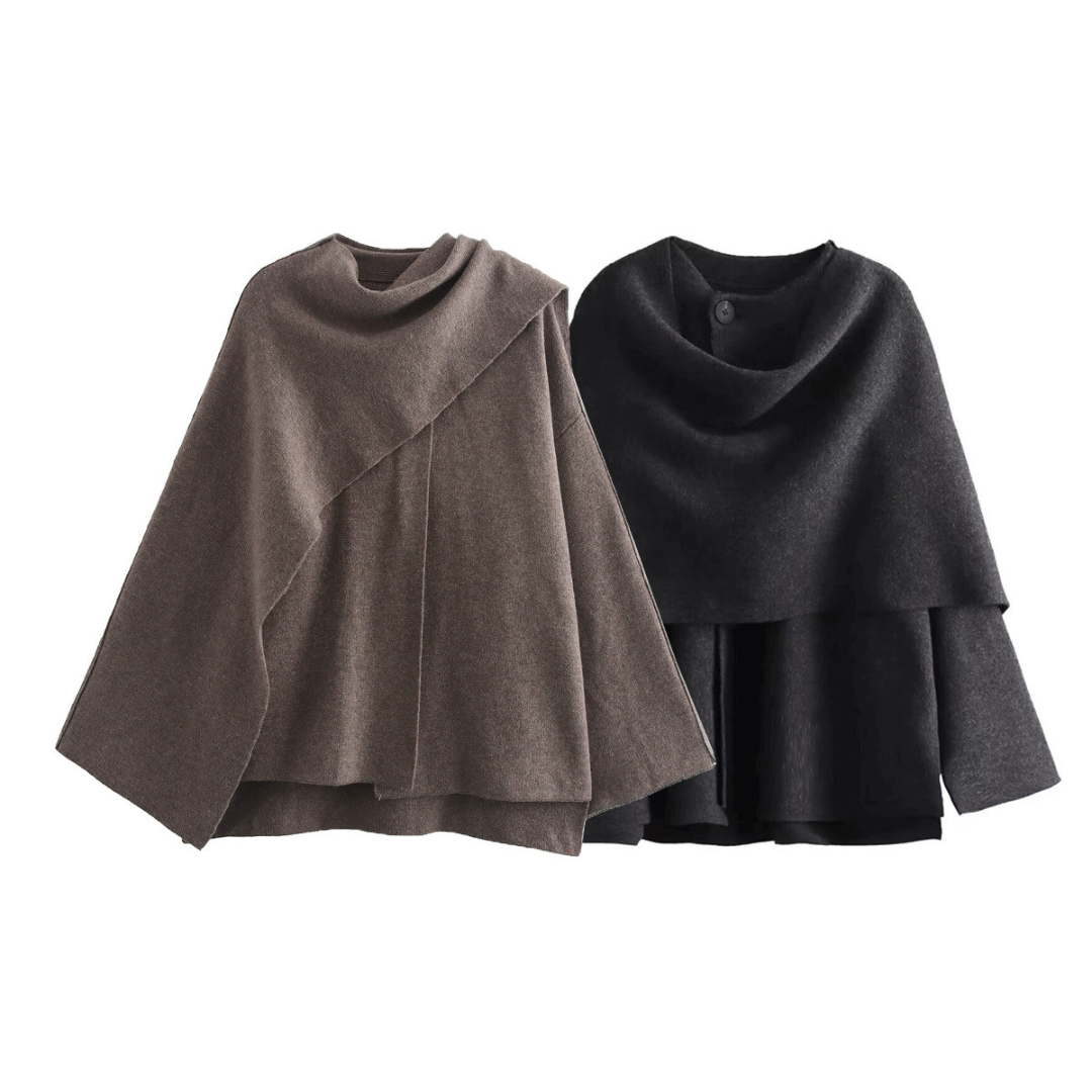 Dama Washington Ada women's wool cowl neck cape black long sleeve - front view