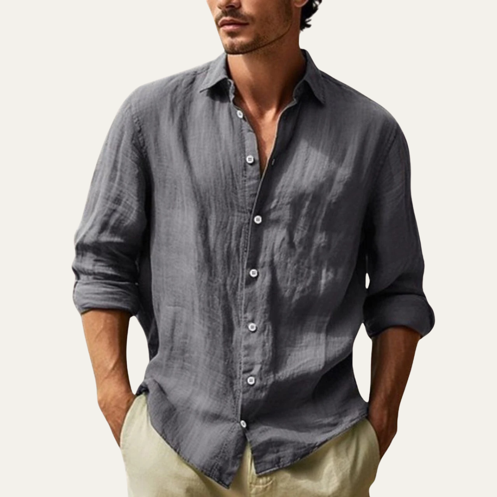 Dama Washington Jet men's linen shirt gray long sleeve button up - front view