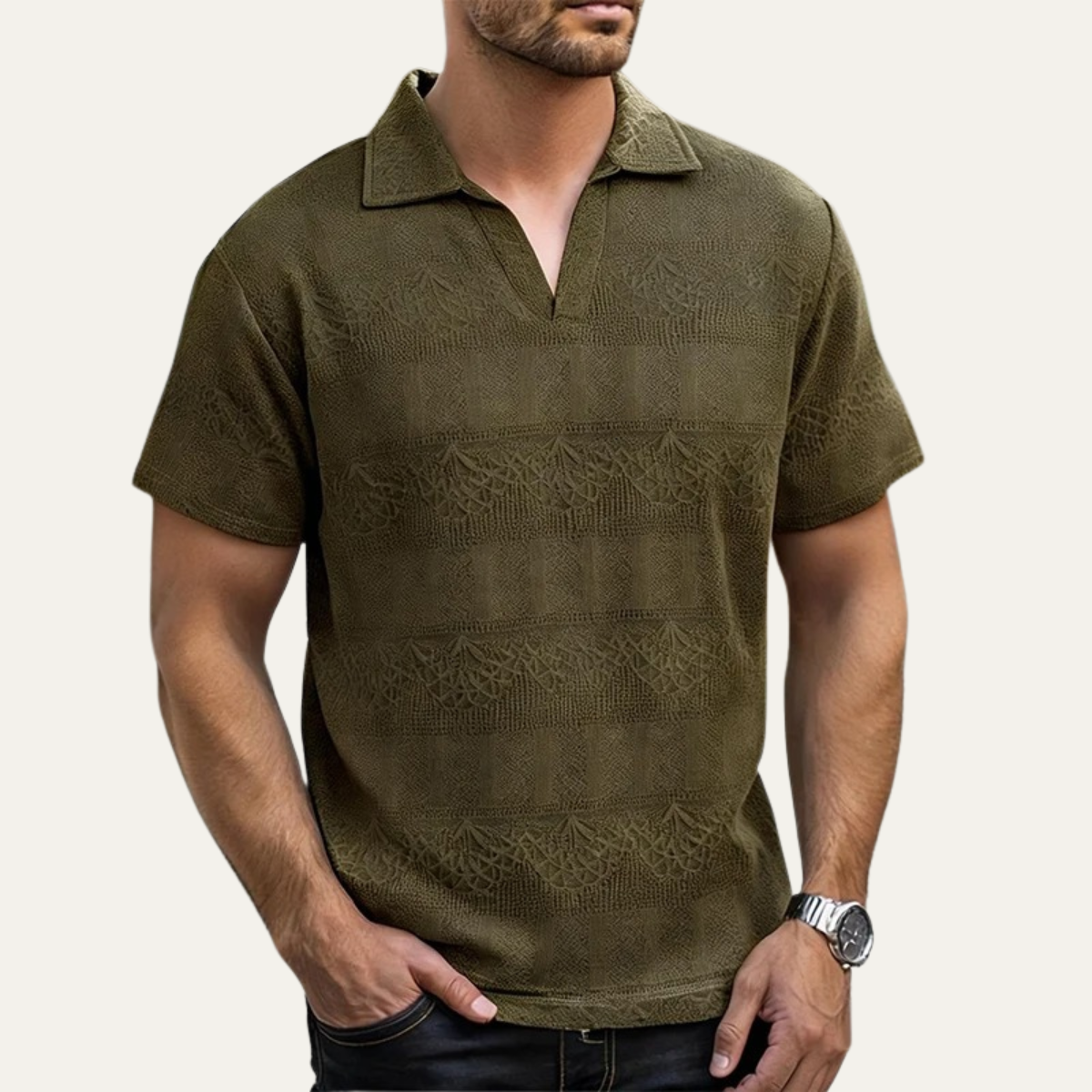 Beau | Men's Knit Polo Shirt Olive Green Short Sleeve