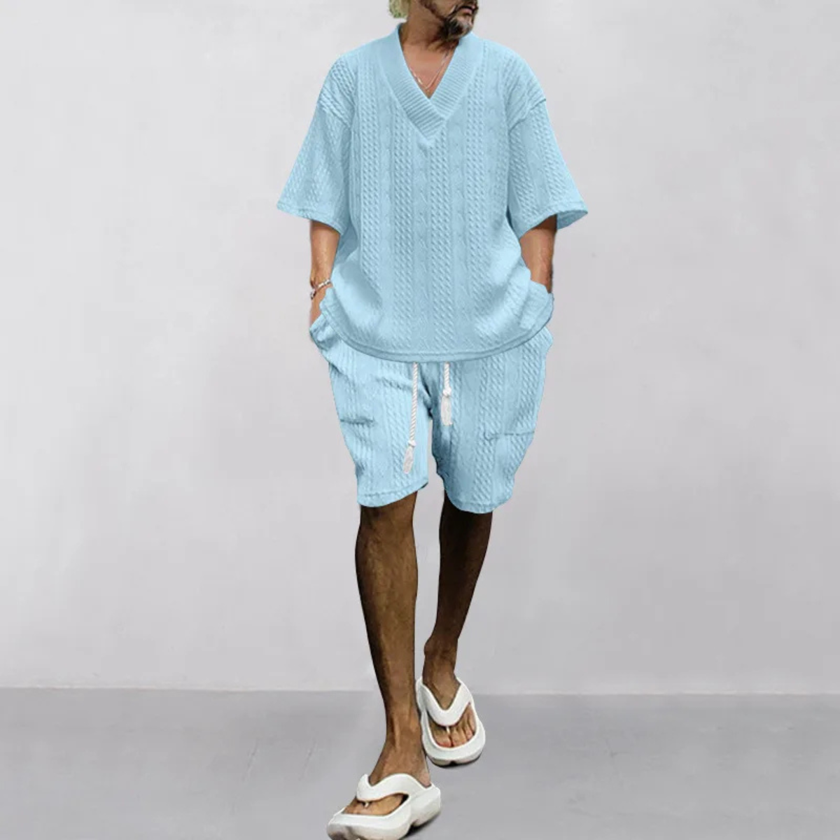 Bram | Men's Lounge Set Light Blue Cable Knit V Neck Shorts