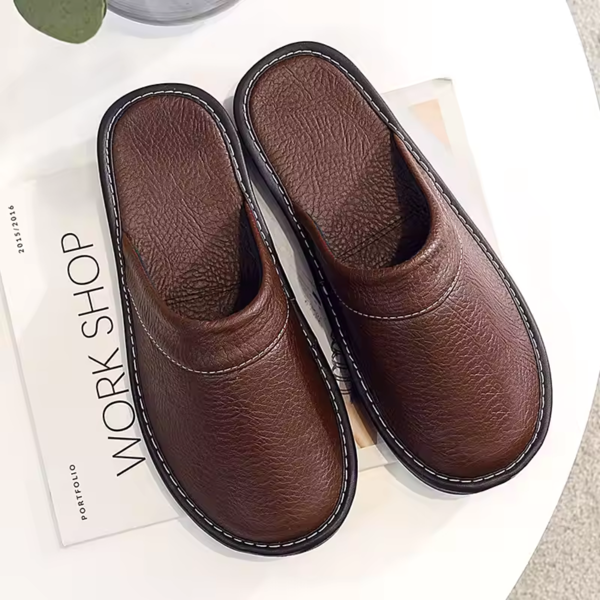 Voss | Men's Leather House Shoes Brown Slip On Clog