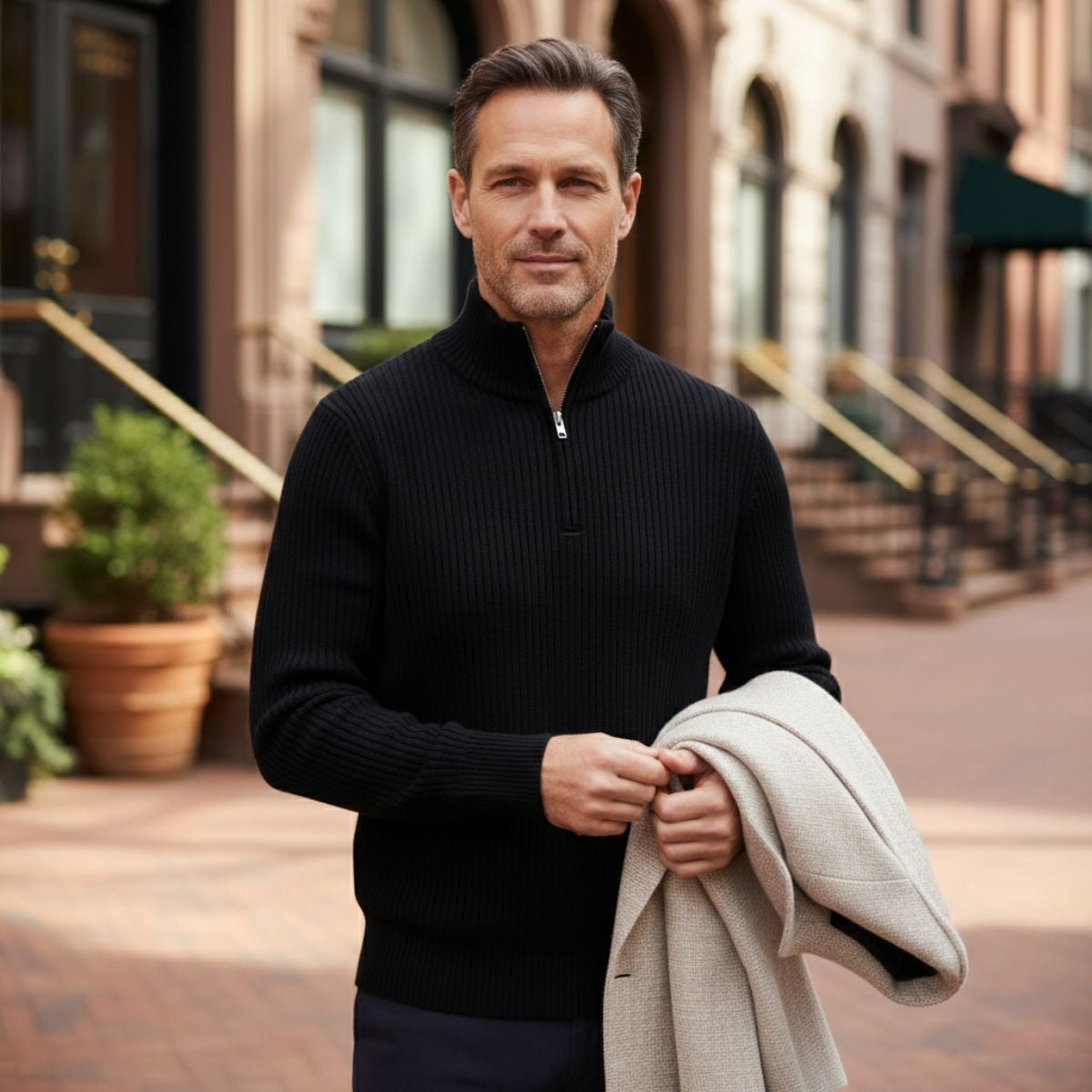 Luca | Men's Quarter Zip Sweater Black Ribbed Knit