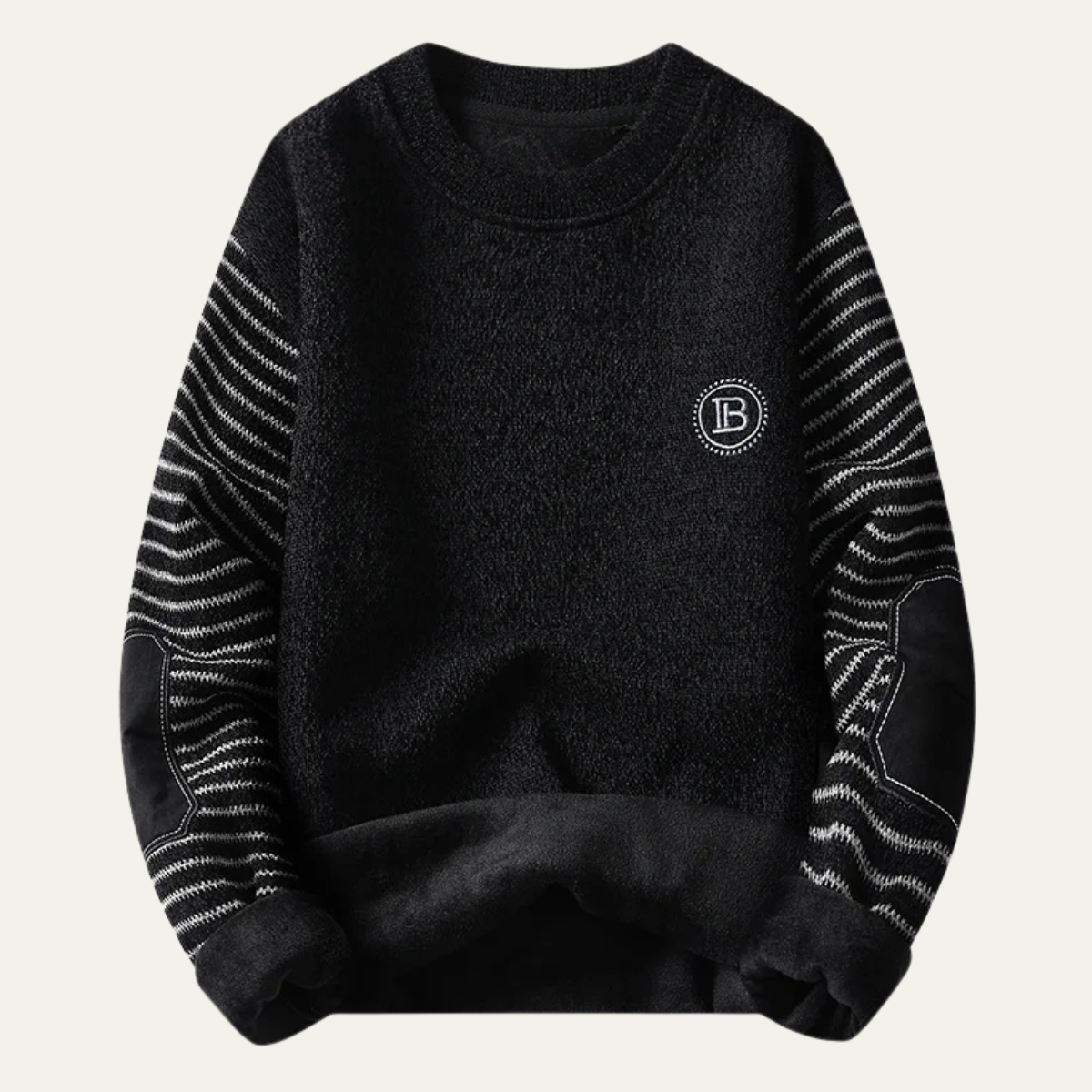 Callum | Men's Crew Neck Sweater Gray Striped Sleeve Elbow Patch