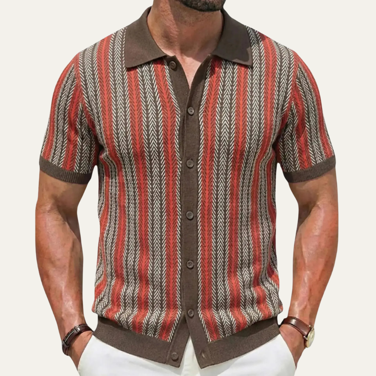 Beau | Men's Striped Knit Polo Shirt Red Brown Short Sleeve