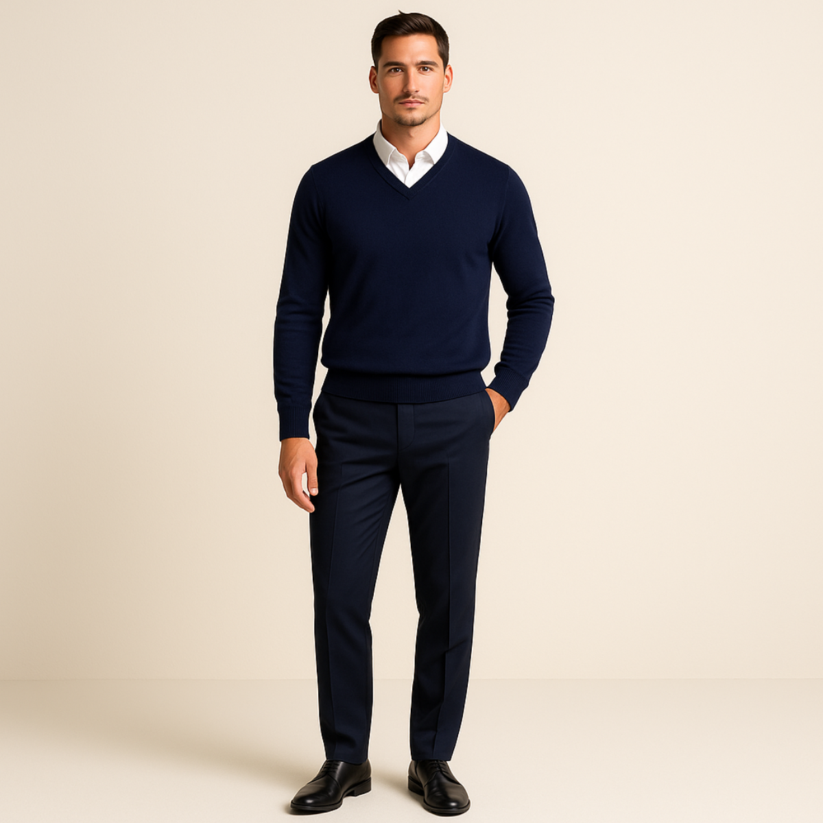 Beau | Men's V Neck Cashmere Sweater Cream