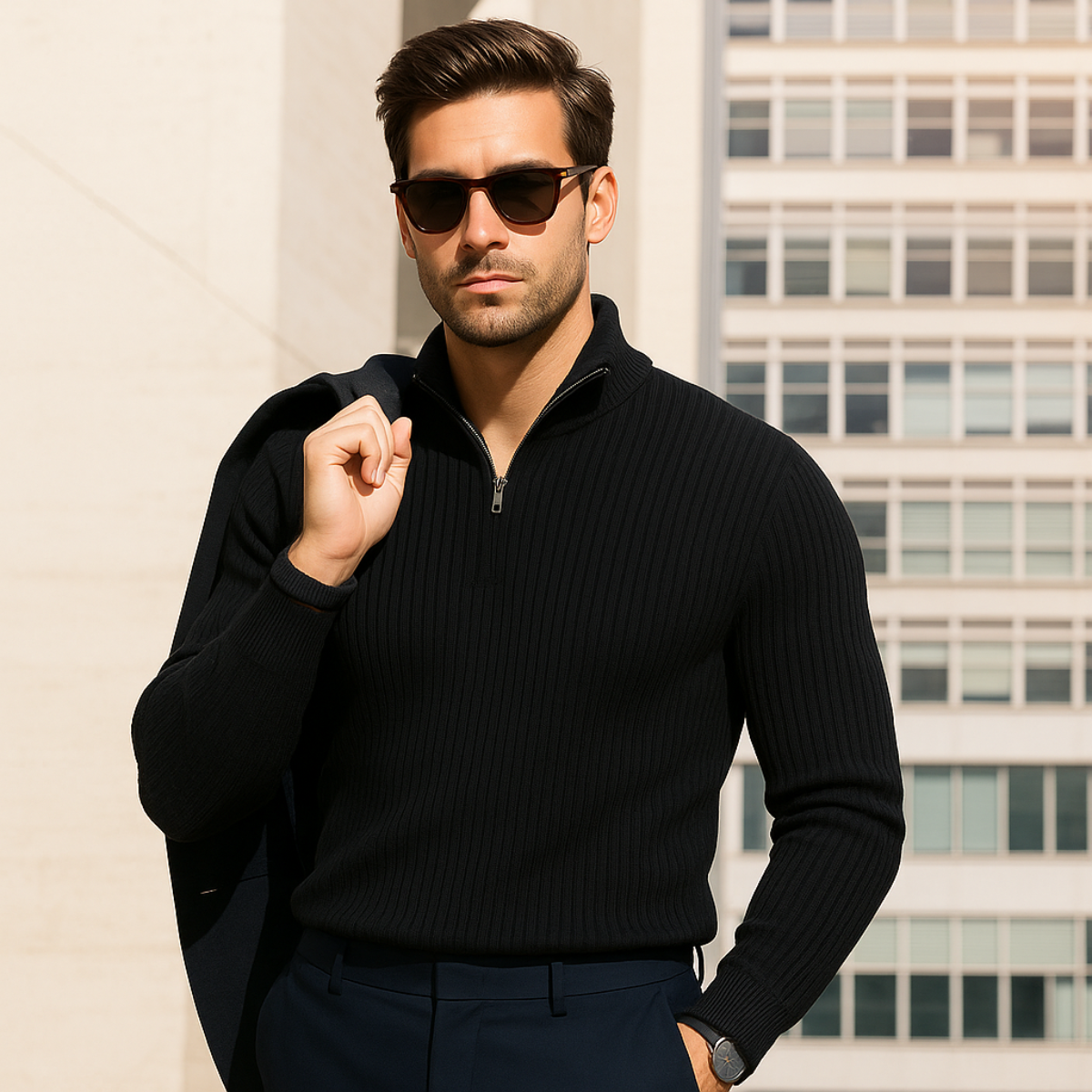 Greta | Men's Quarter Zip Sweater Beige Ribbed Knit