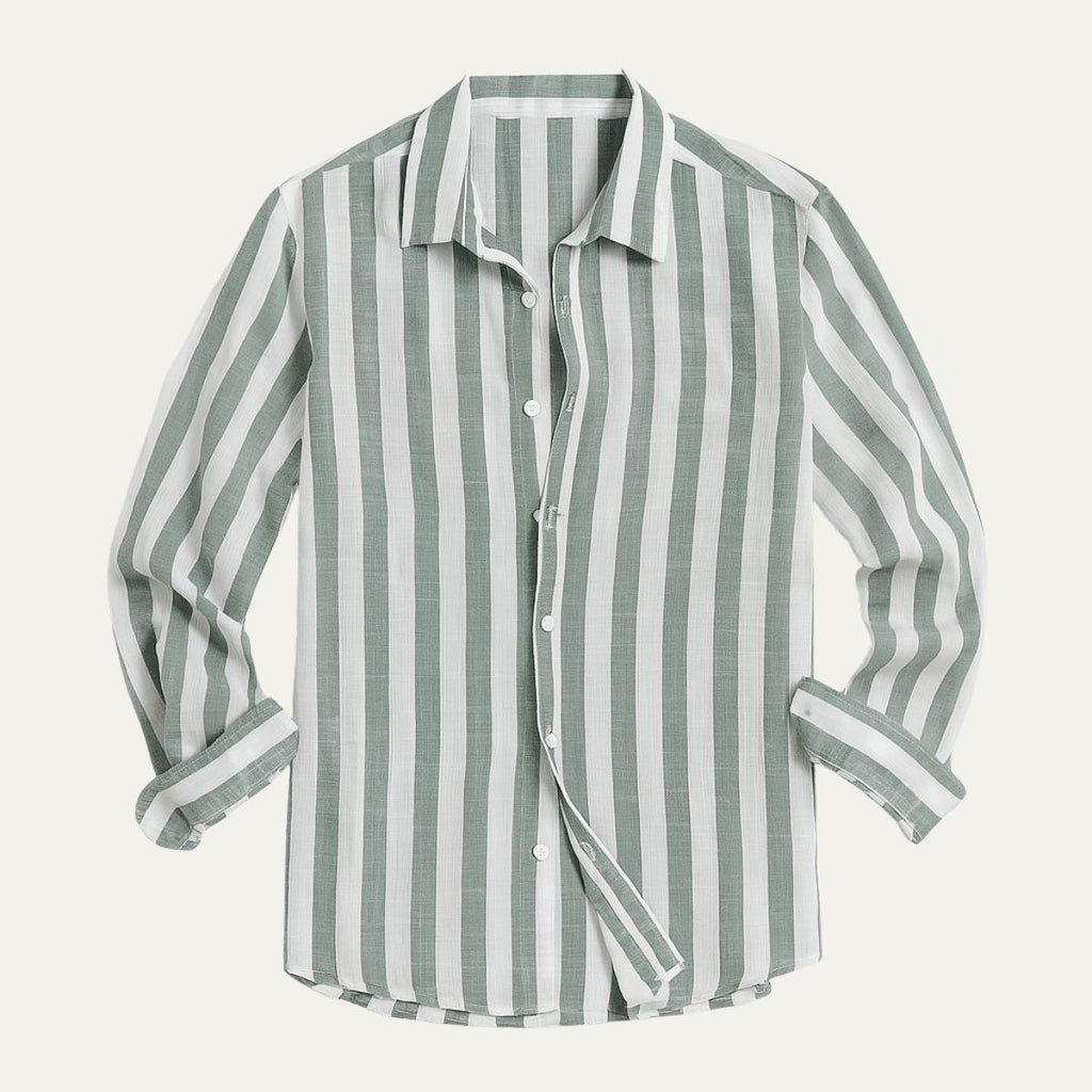 Dama Washington Beau men's linen striped button up shirt sage green - front view