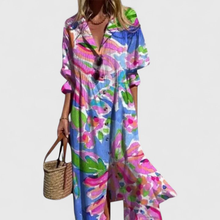 Camille | Women's Floral Midi Dress Long Sleeve White