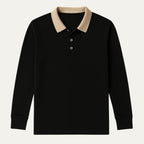 Dama Washington Rowan men's long sleeve polo shirt black cream collar - front view