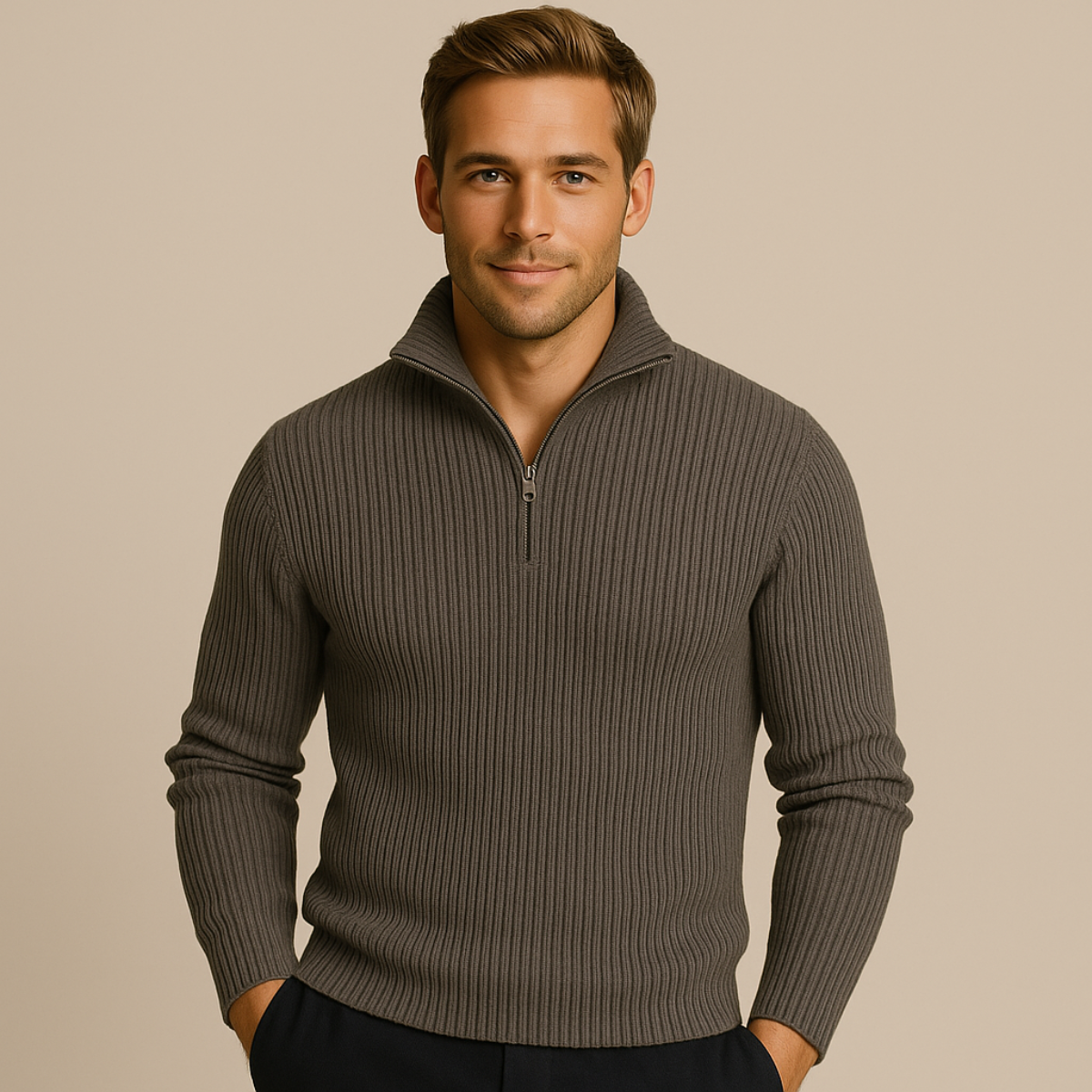 Cleo | Men's Quarter Zip Sweater Cream Ribbed Knit