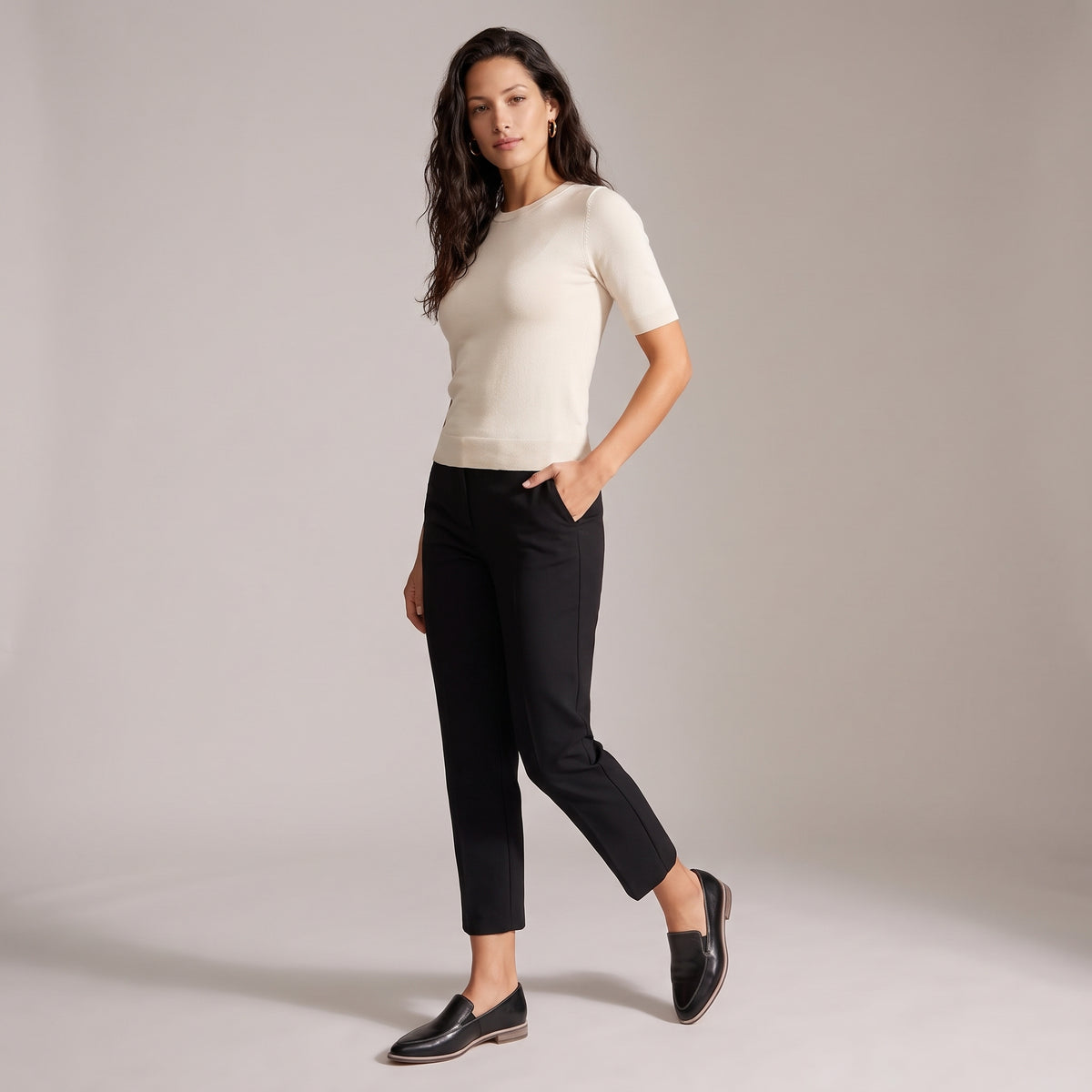 Dama Washington Opal women's leather slip on loafers black comfort fit - full outfit model view