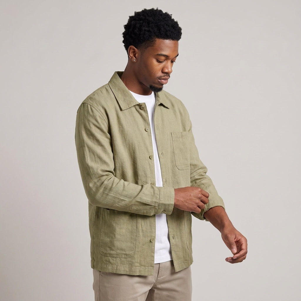 Dama Washington Hugo men's linen shirt jacket Khaki with pockets - model front view
