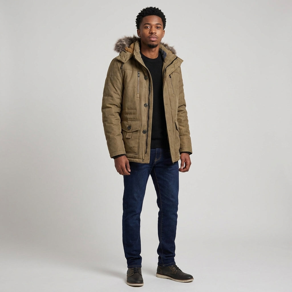 Dama Washington Bram fur hooded puffer parka Khaki - full outfit model view