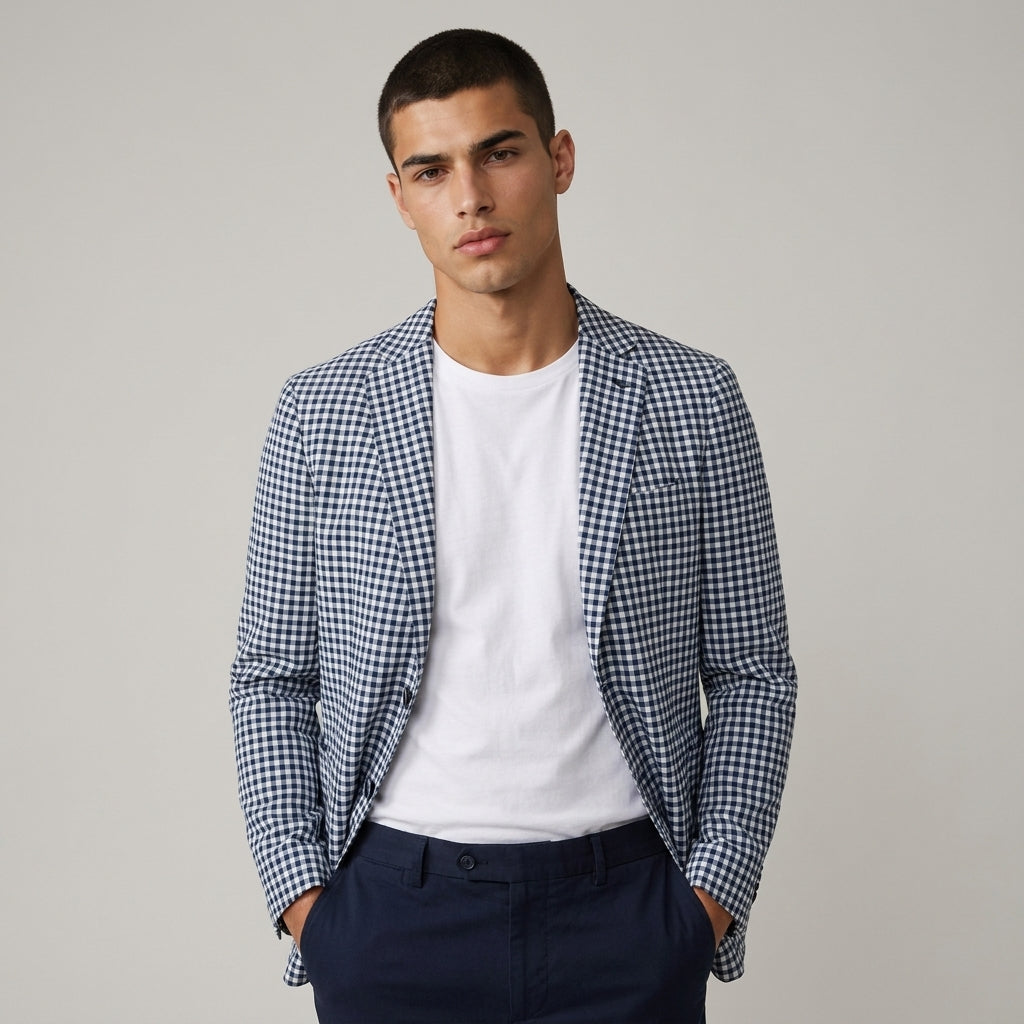 Dama Washington Hugo check blazer Blue - model front view