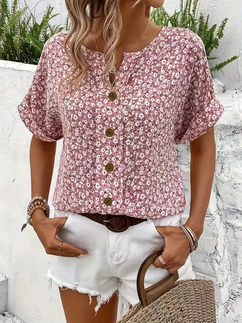 Wren | Women's Floral Button Up Blouse Short Sleeve Pink
