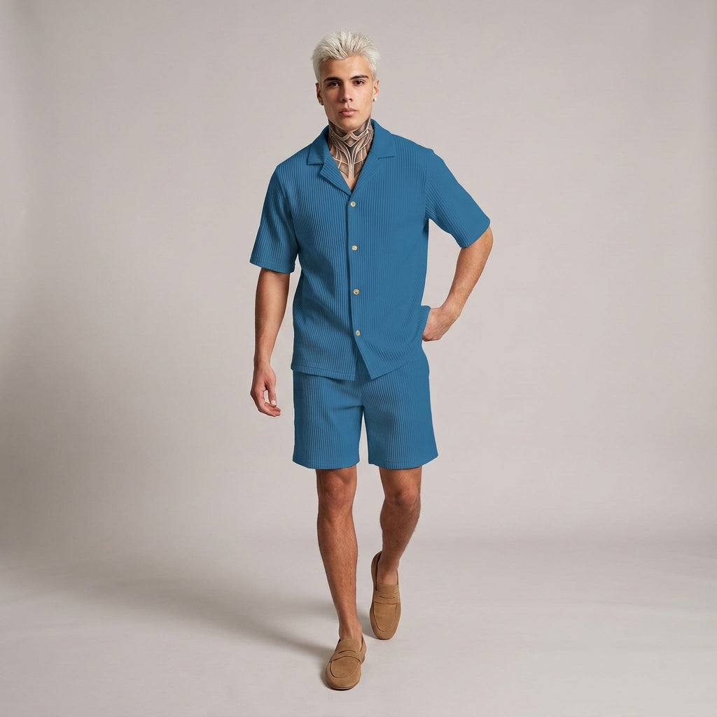 Dama Washington Callum ribbed short sleeve sweatsuit set Blue - full outfit model view