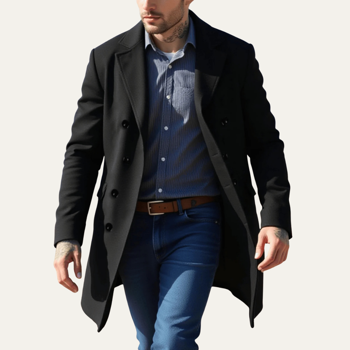 Voss | Men's Double Breasted Wool Coat Cream Long