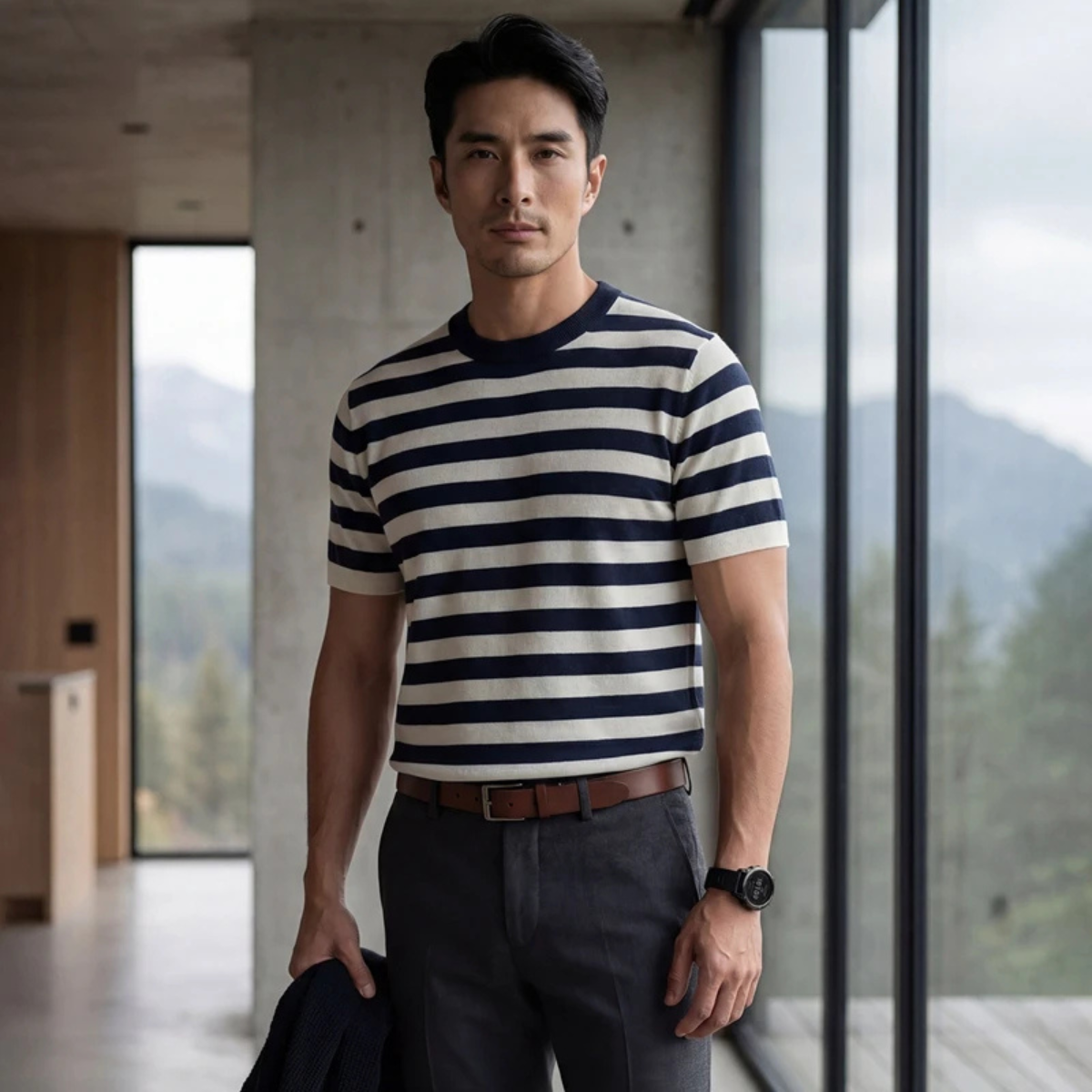 Sage | Men's Striped Crew Neck Sweater Navy White