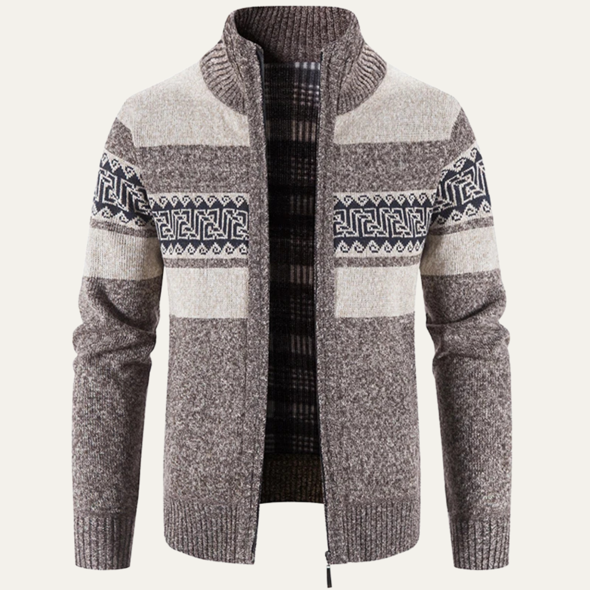 Ezra | Men's Cardigan Gray Striped Geometric Pattern Stand Collar