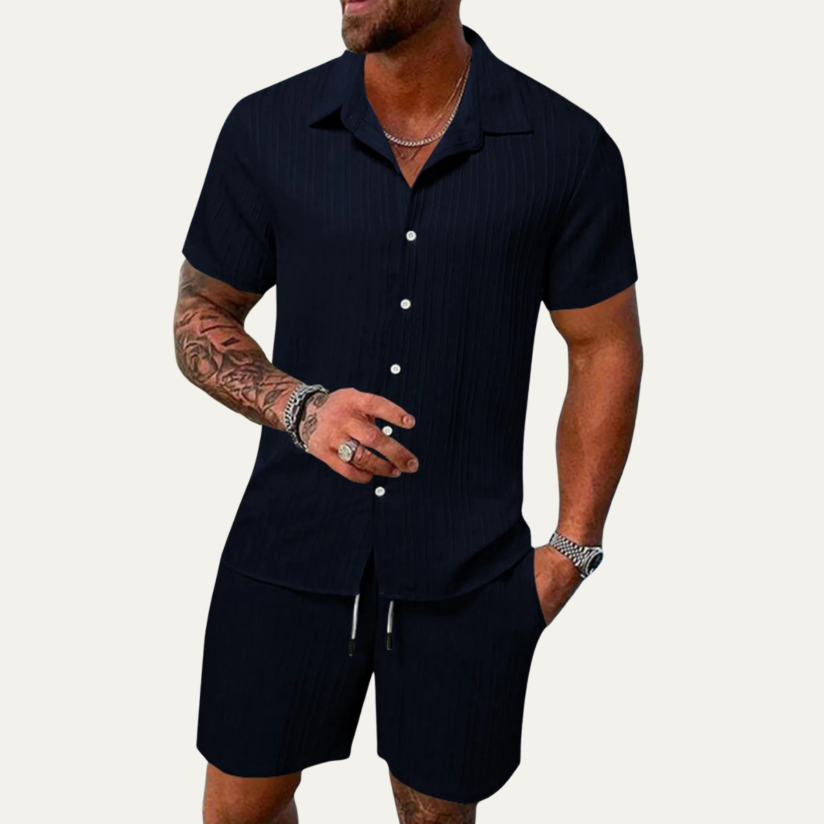 Axel | Men's Sweatsuit Red Short Sleeve Button Up Shirt Shorts Set