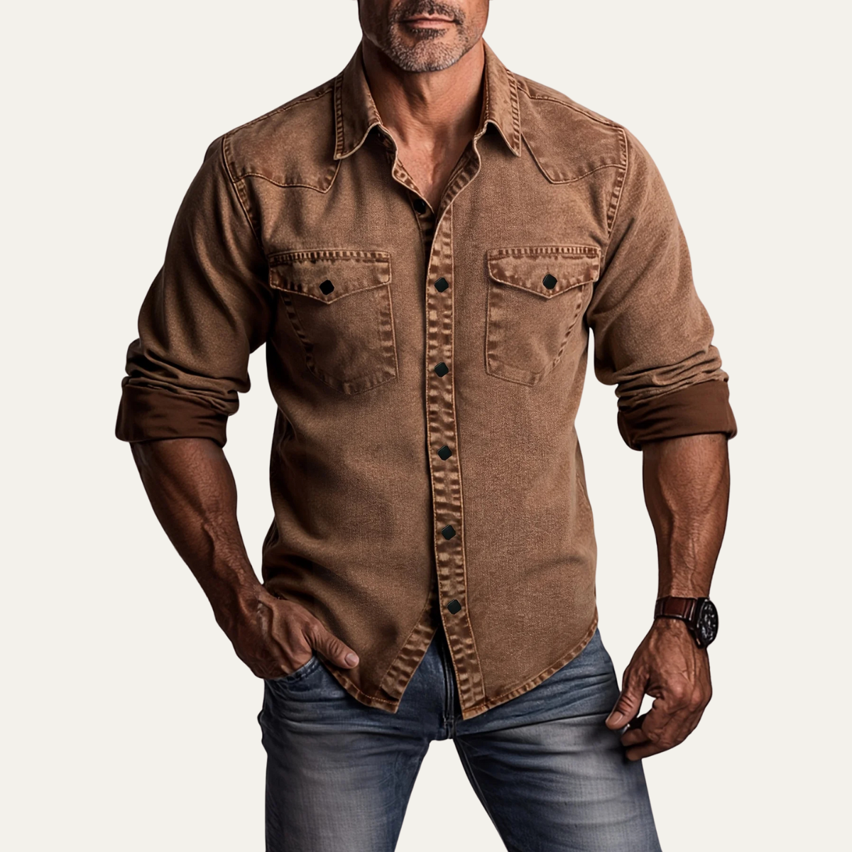 Bram | Men's Denim Shirt Brown Long Sleeve Vintage Wash