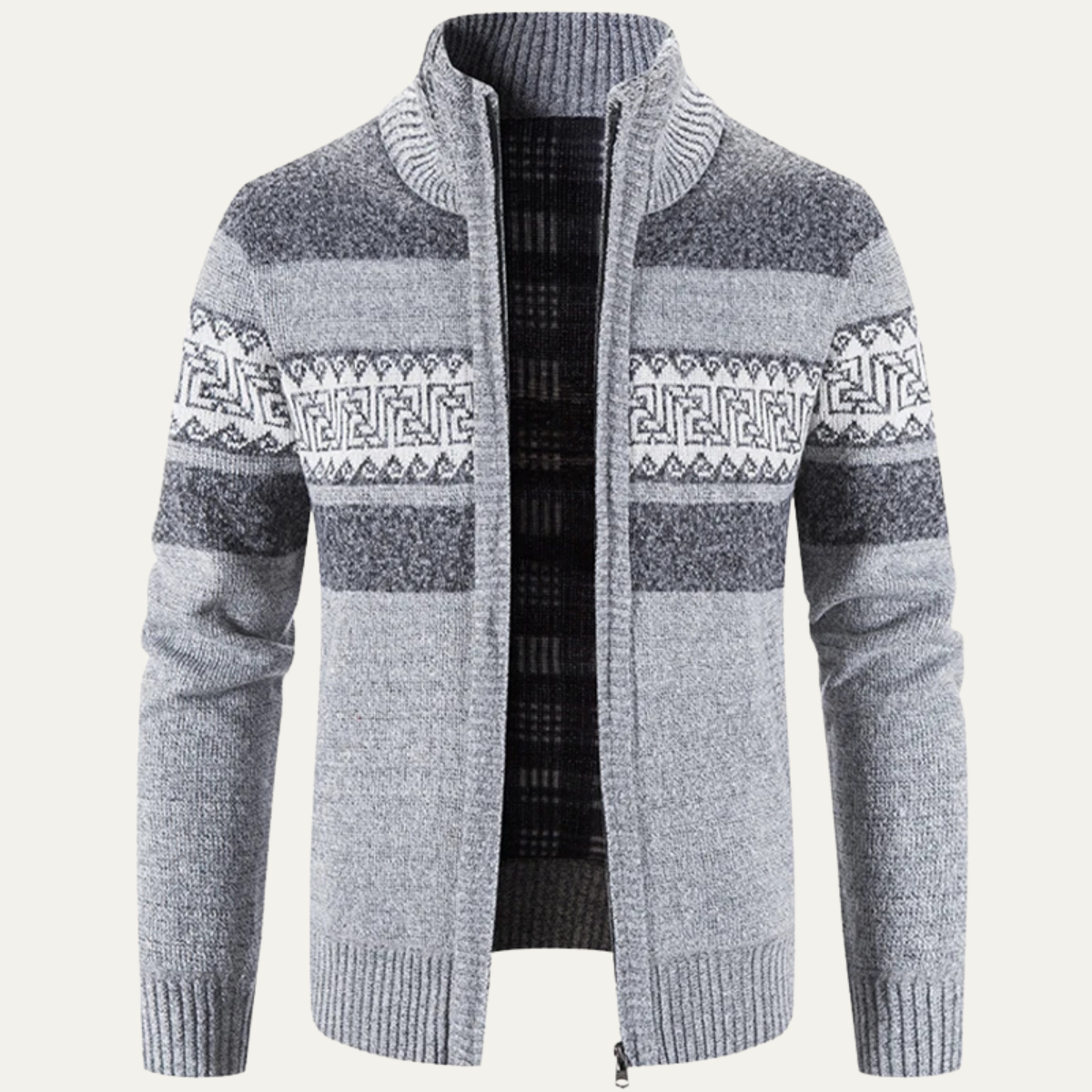 Ezra | Men's Cardigan Gray Striped Geometric Pattern Stand Collar