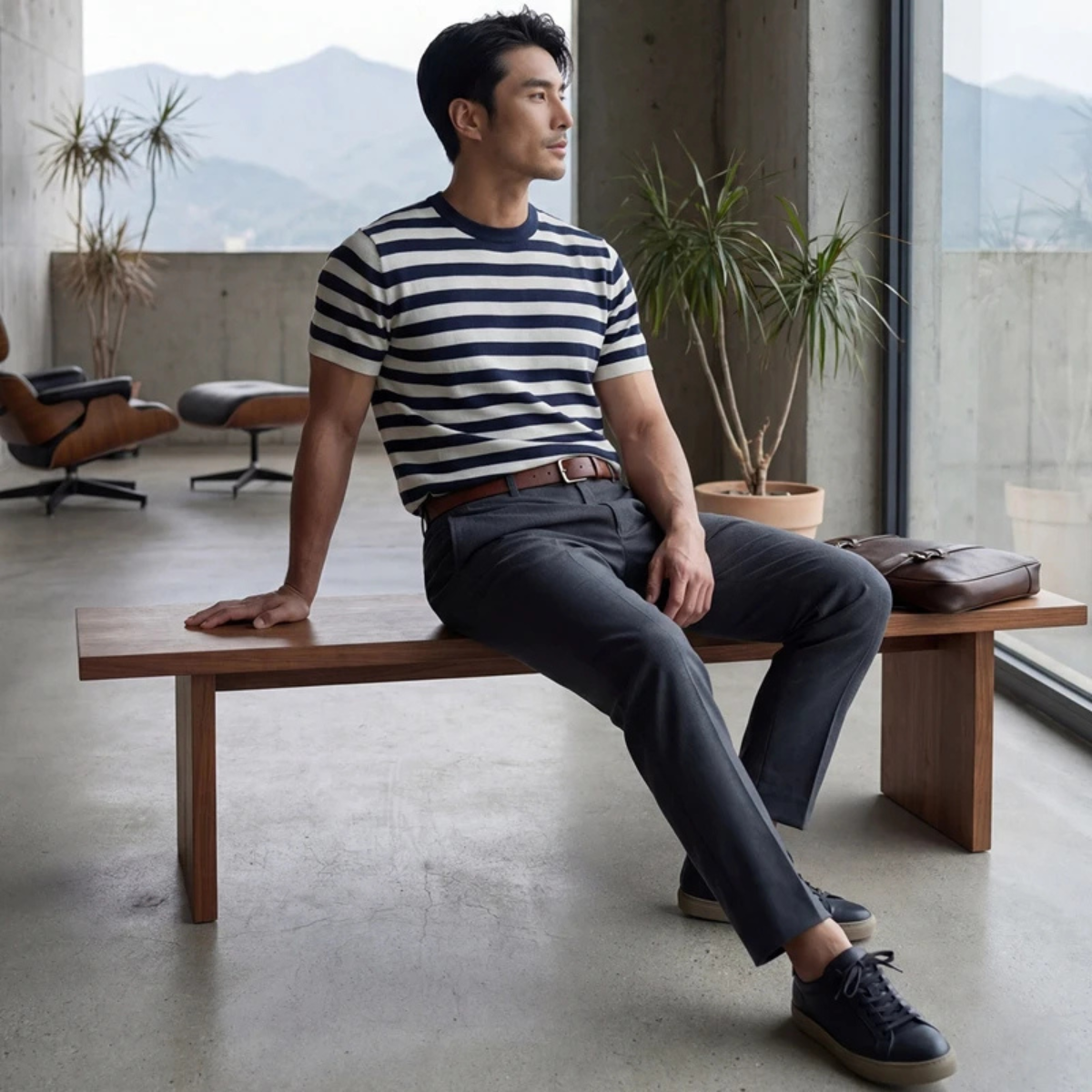Sage | Men's Striped Crew Neck Sweater Navy White