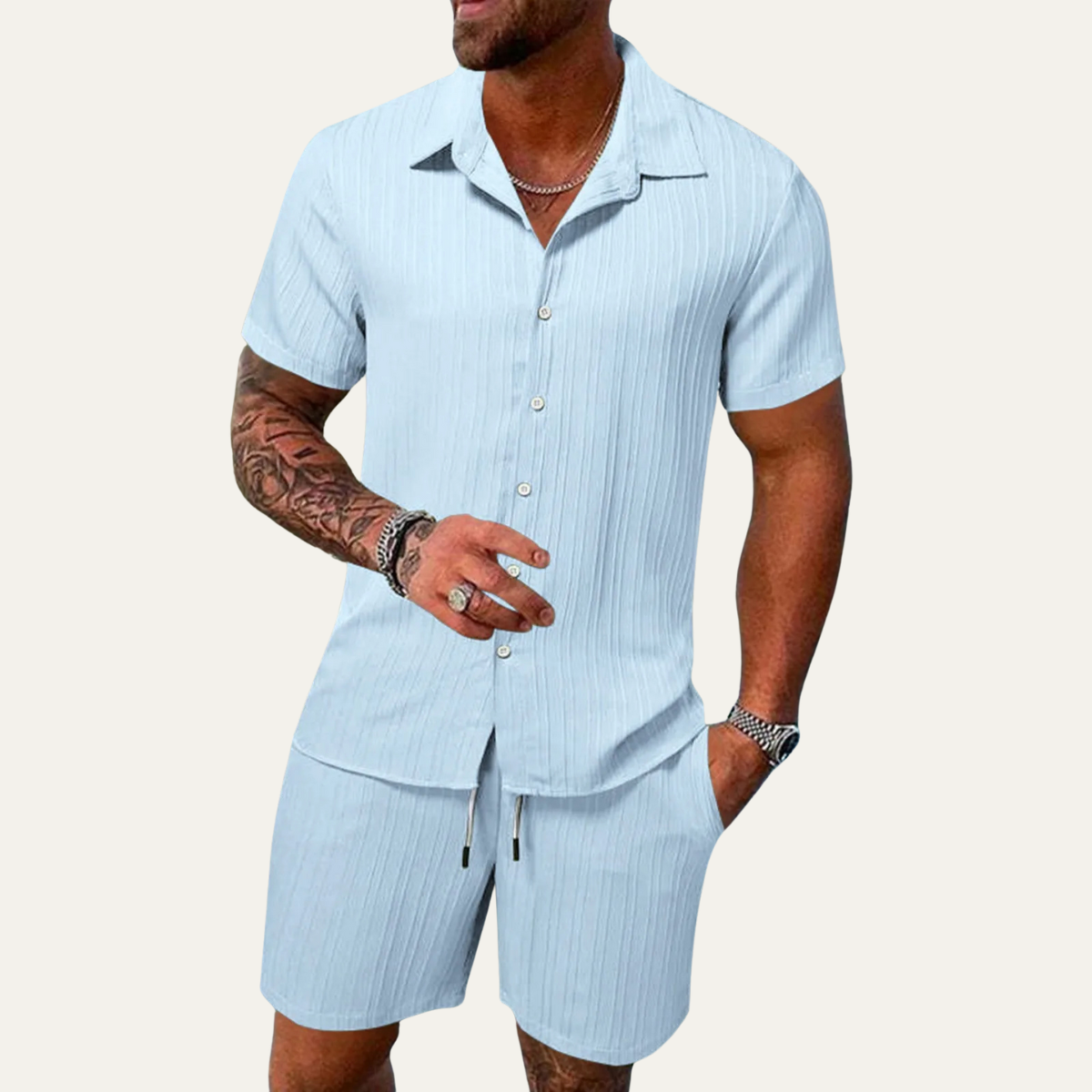 Beau | Men's Casual Ribbed Linen Shirt Royal Blue Short Sleeve