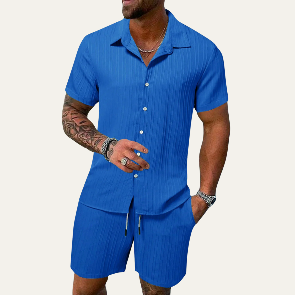 Beau | Men's Casual Ribbed Linen Shirt Royal Blue Short Sleeve
