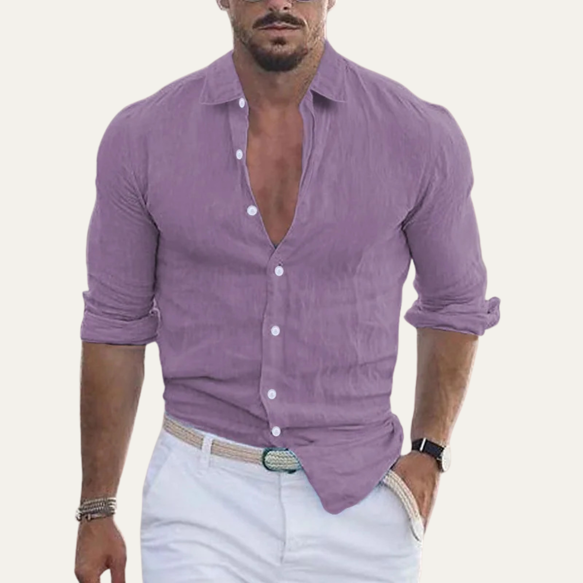 Luca | Men's Linen Button Up Shirt Cream Long Sleeve