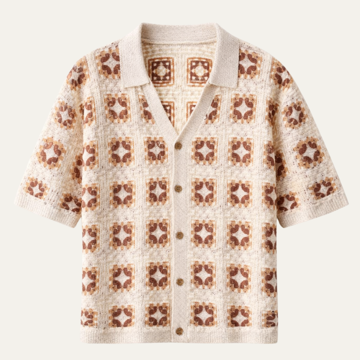 Axel | Men's Boho Crochet Cardigan Cream Brown Geometric Pattern
