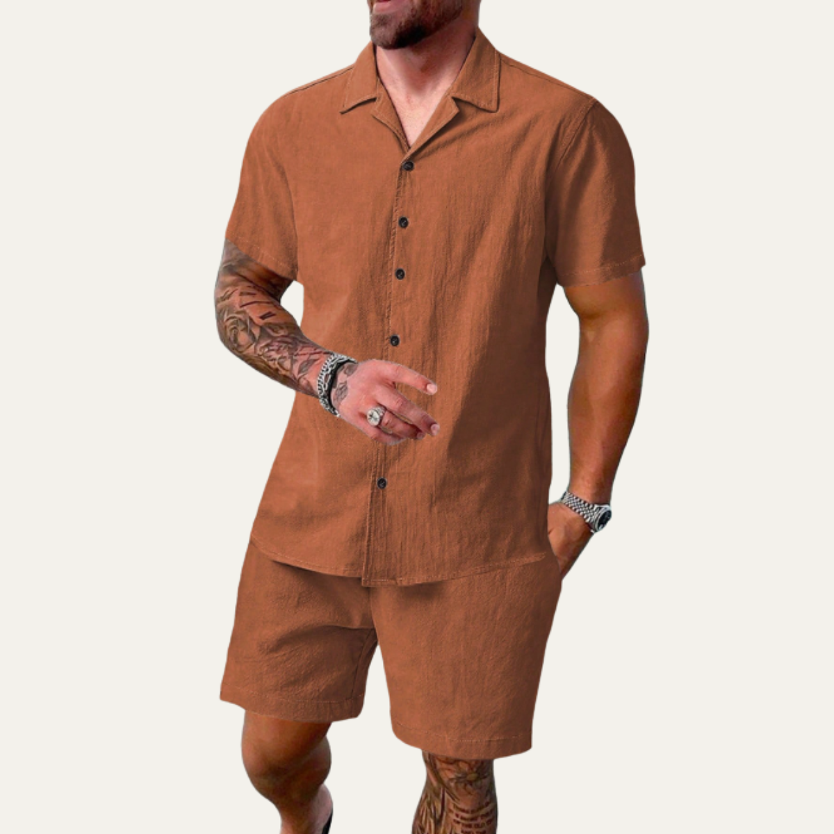 Lars | Men's Casual Button Up Short Sleeve Shirt Shorts Set Gold