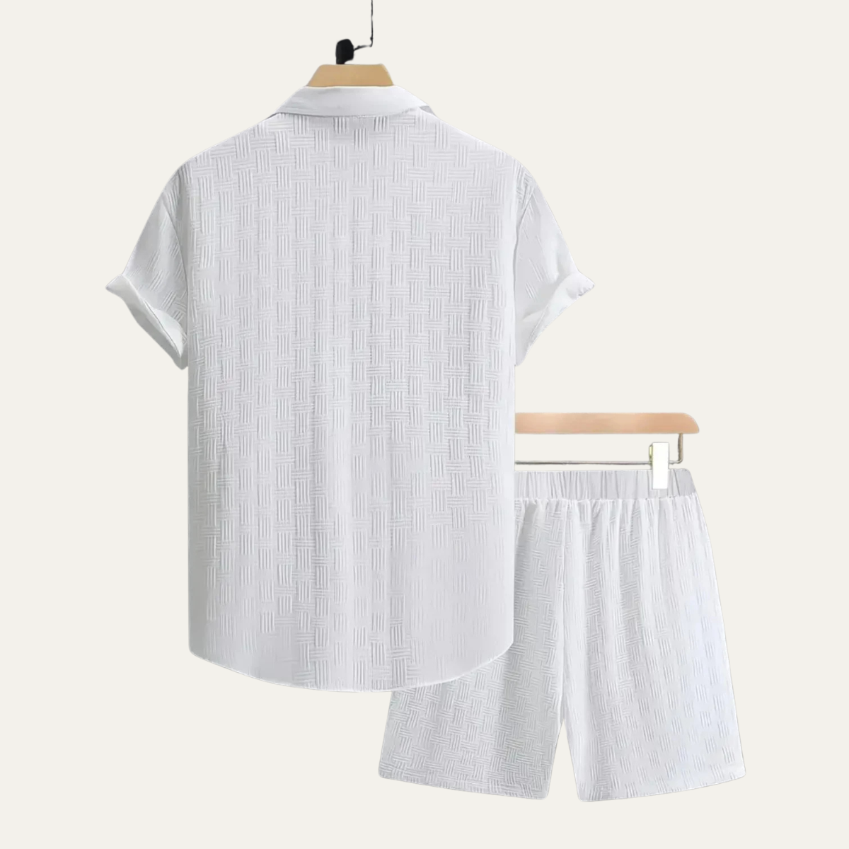 Bram | Men's Sweatsuit White Textured Button Up Short Sleeve