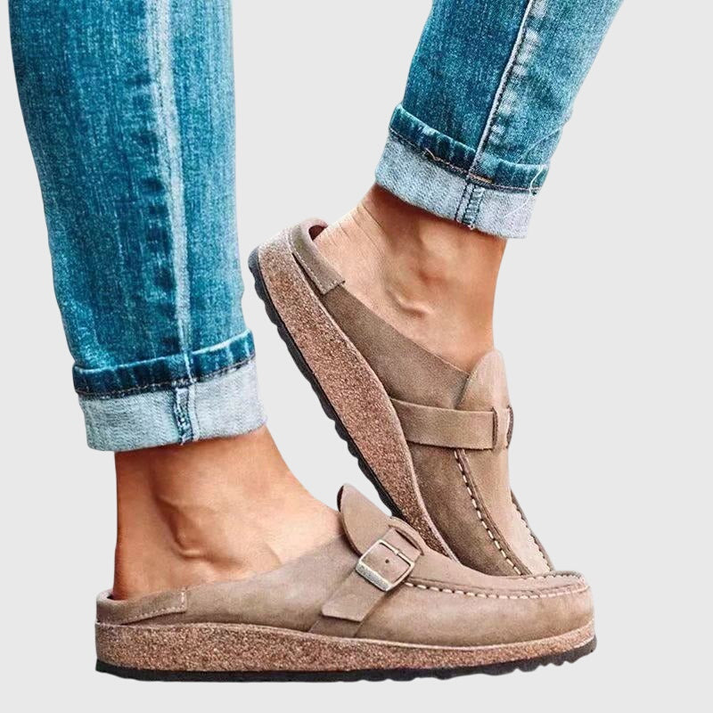 Maeve | Women's Suede Loafer Clog Mule Beige Buckle Detail