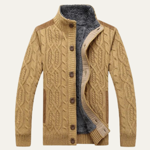Dama Washington Axel men's cable knit cardigan cream fleece lined sherpa collar - front view
