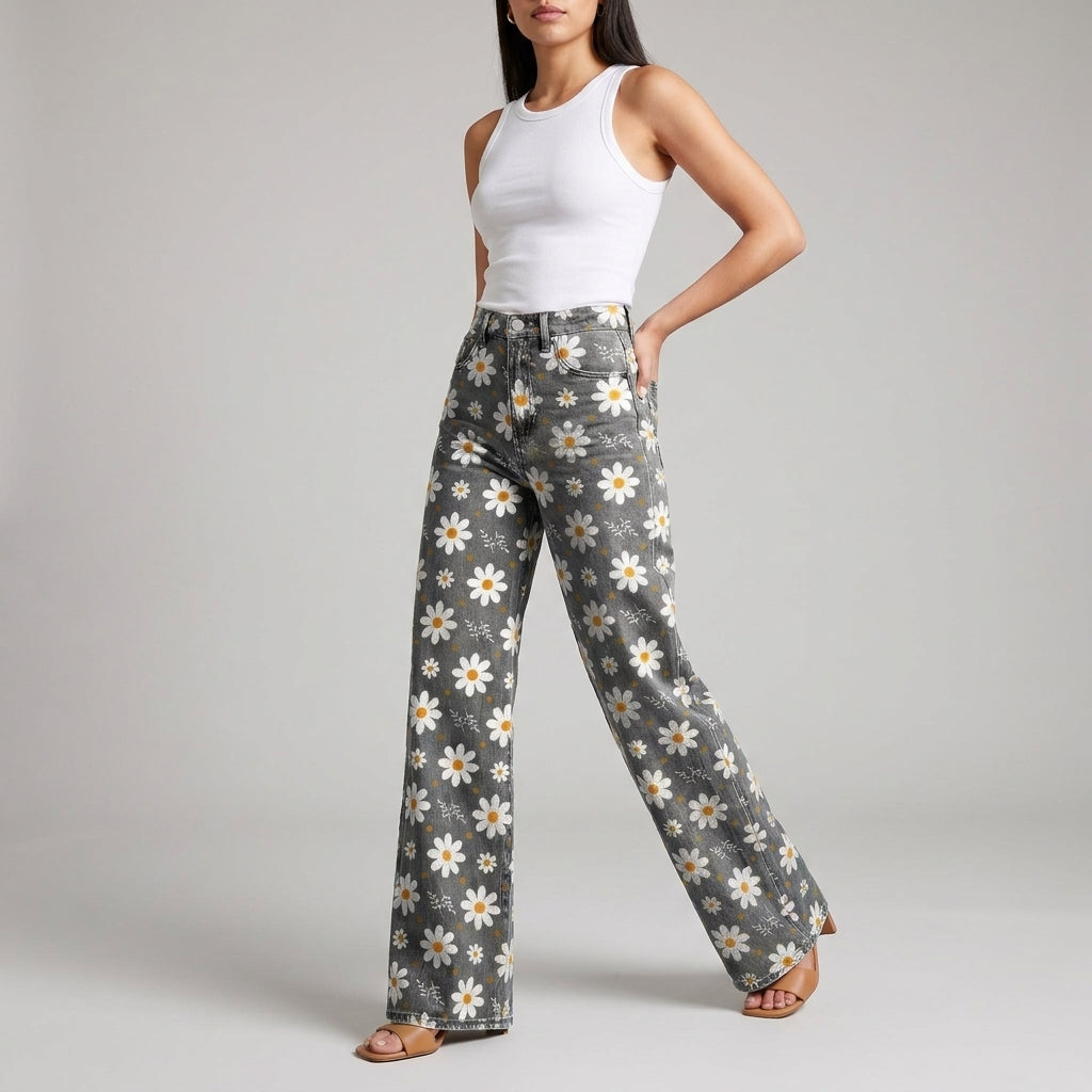 Dama Washington Thea high waisted wide leg pants White Flower print - full outfit model view