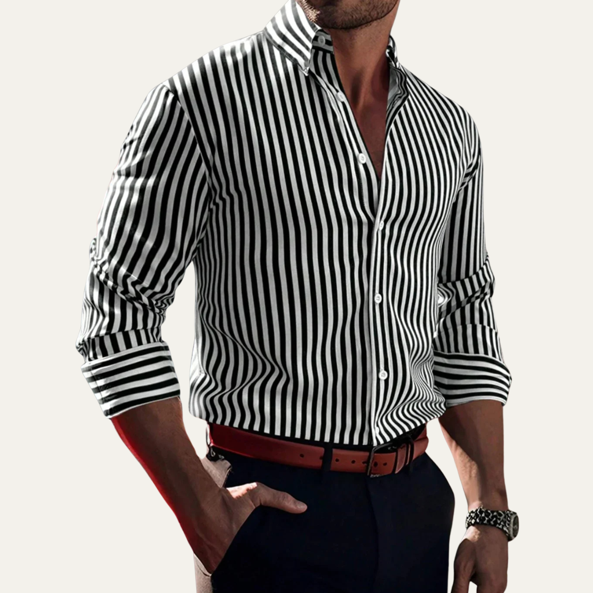 Axel | Men's Striped Button Up Shirt Black White Long Sleeve