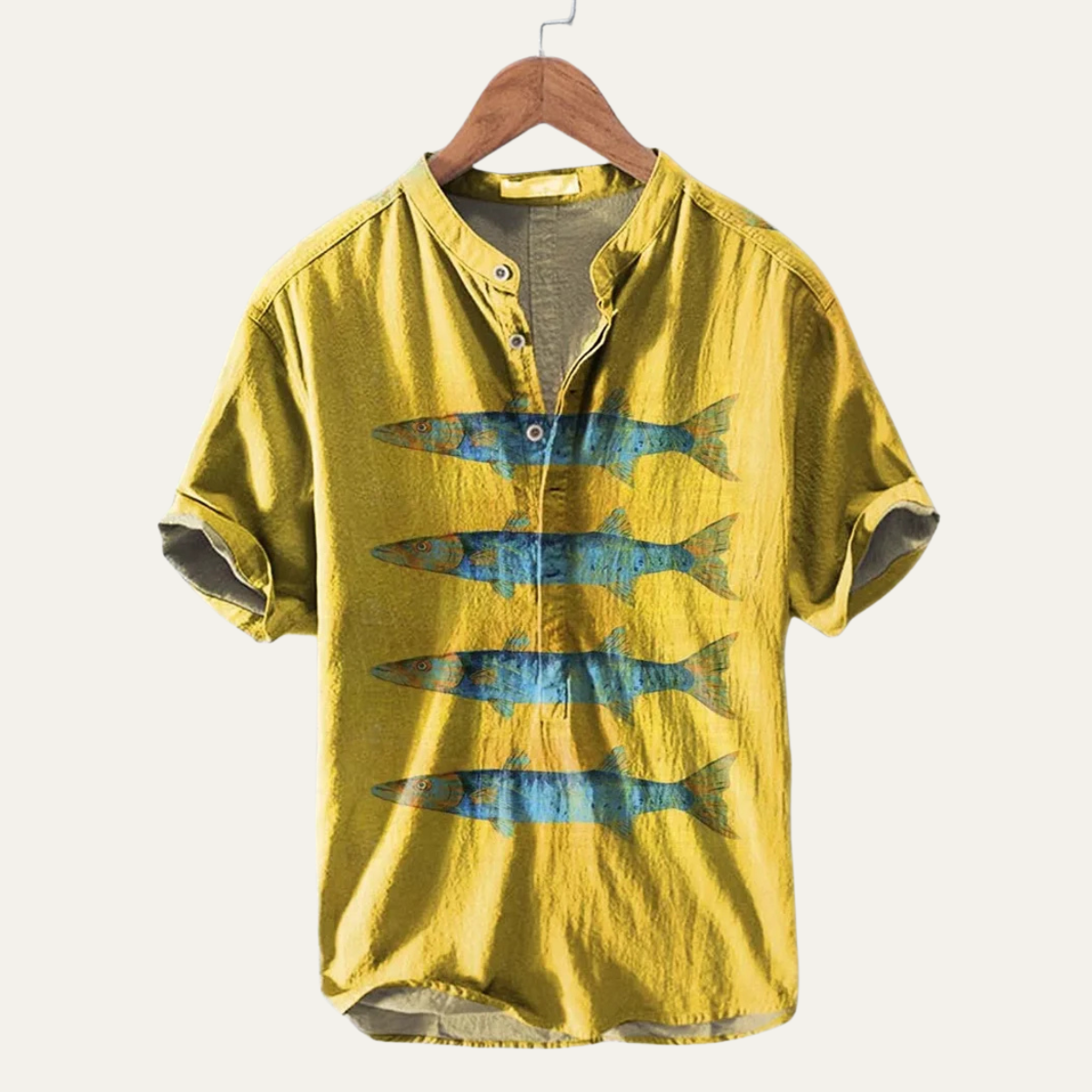 Wyatt | Men's Graphic Henley Shirt Yellow Fish Print
