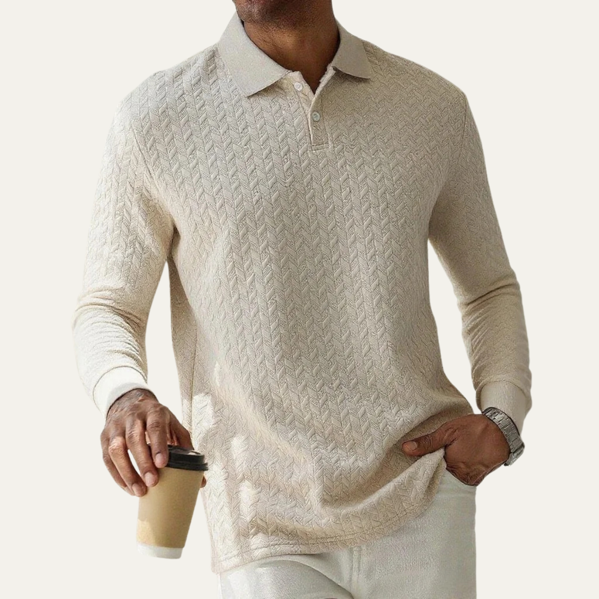 Beau | Men's Cable Knit Polo Sweater Gray Long Sleeve