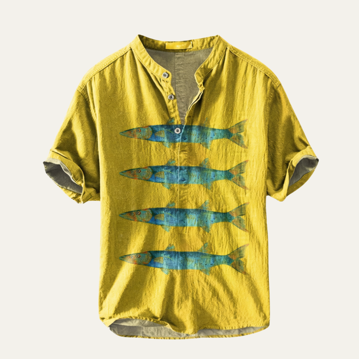 Wyatt | Men's Graphic Henley Shirt Yellow Fish Print