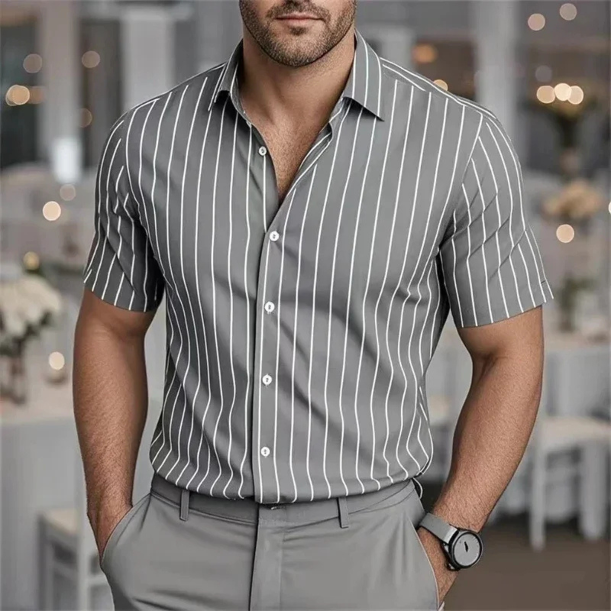 Kai | Men's Pinstripe Short Sleeve Button Up Shirt Gray